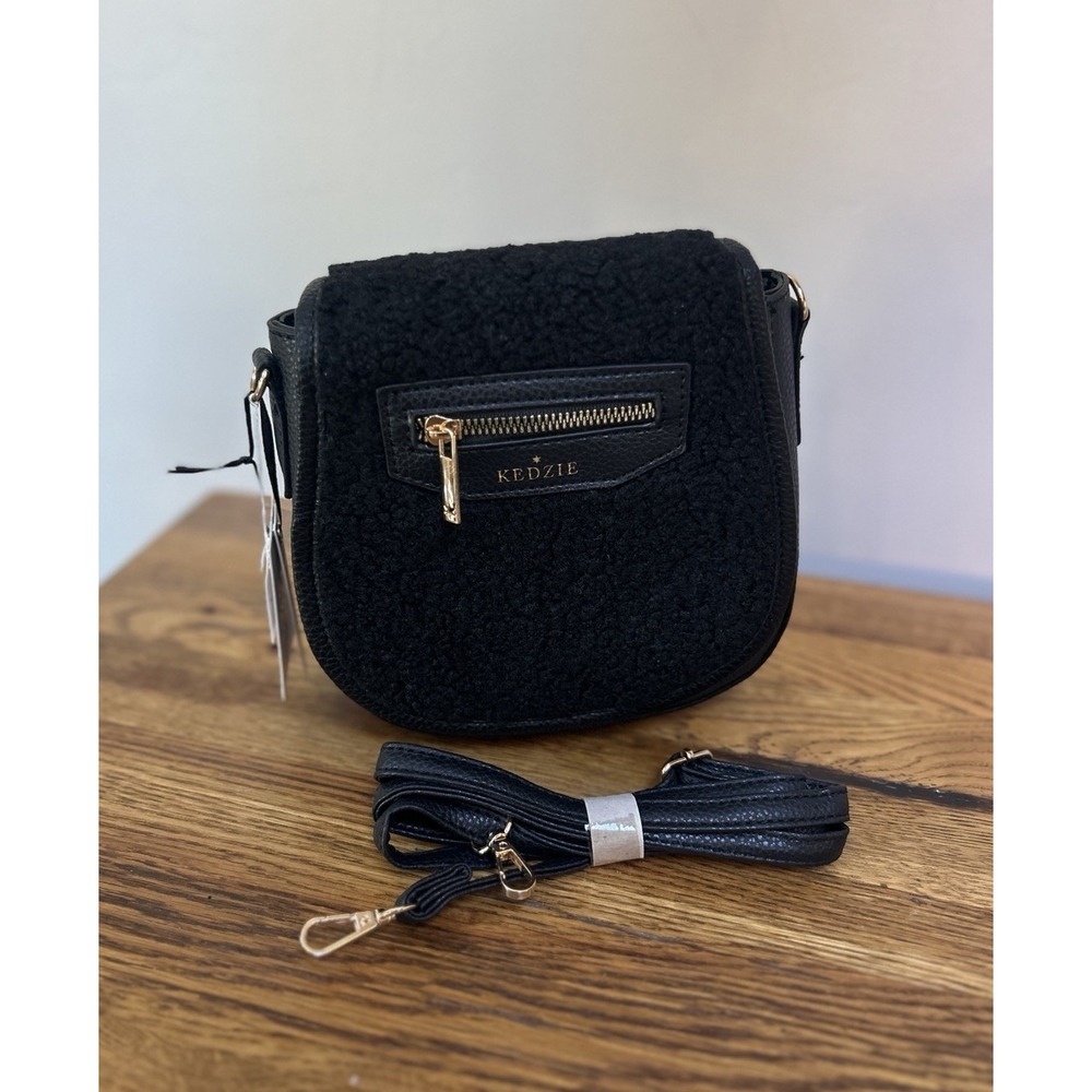 Kedzie Mini Camden Messenger Bag  Vegan Leather & Sherpa Crossbody Black NWT